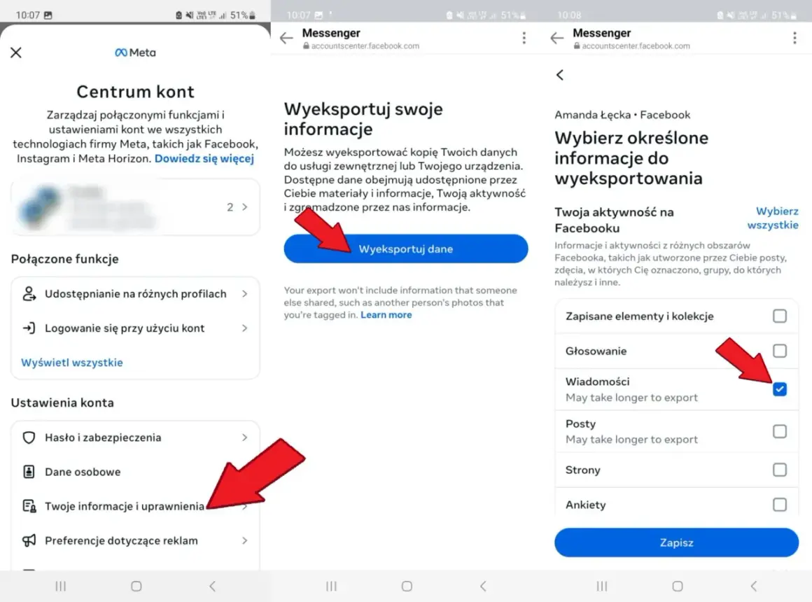 Jak przywrócić Messenger w telefonie? Zrzut ekranu pokazuje proces eksportu danych z Facebooka, w tym wiadomości.