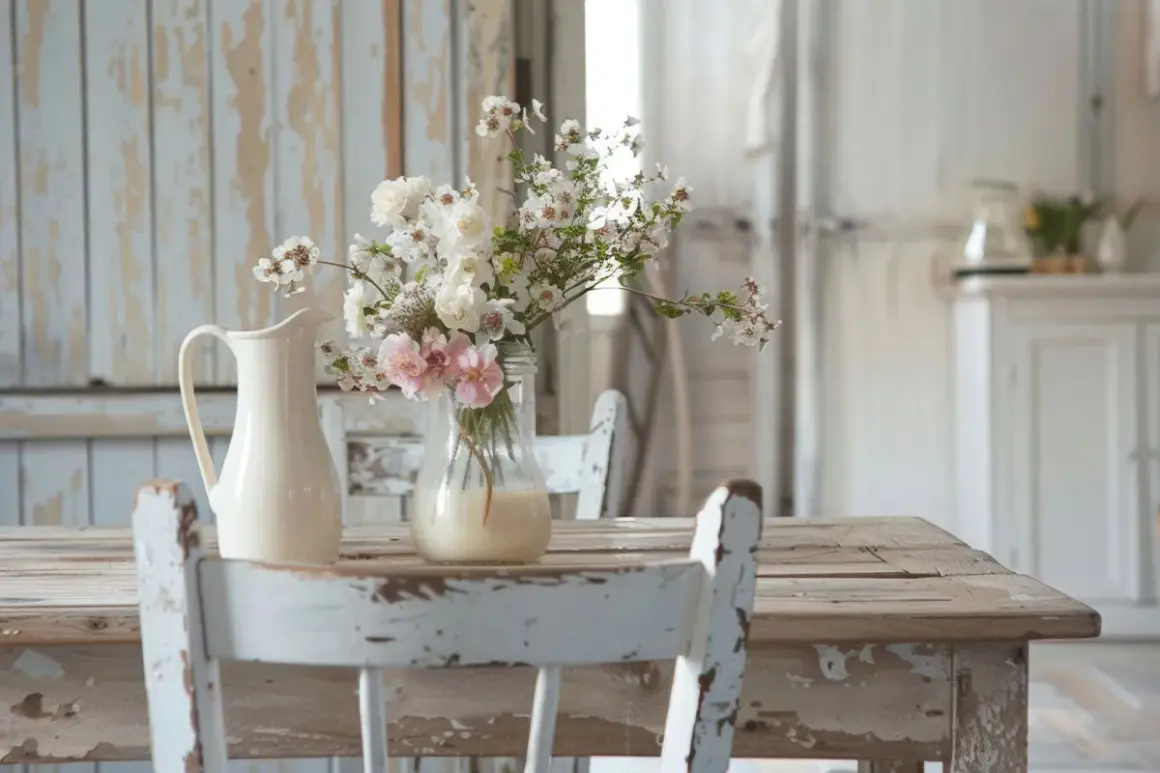 Un tavolo di legno consumato, sedie bianche sbiadite e un vaso di fiori bianchi e rosa creano un'atmosfera romantica con un **effetto shabby**.