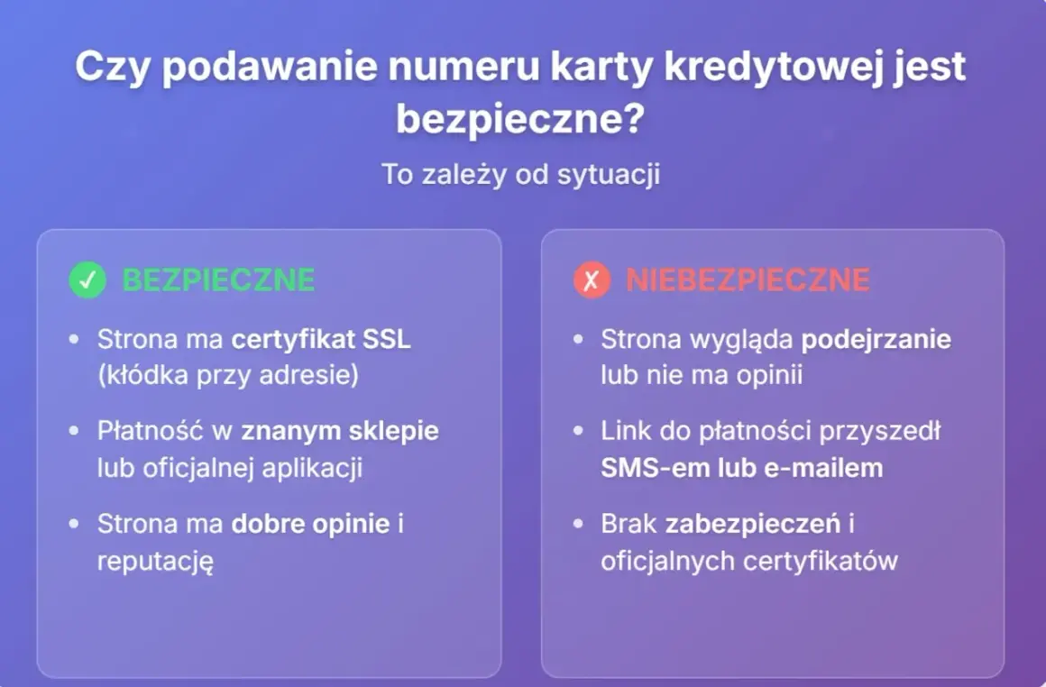 Bezpieczne i niebezpieczne sytuacje przy podawaniu danych karty kredytowej. Sprawdź, kiedy można zaufać stronie.