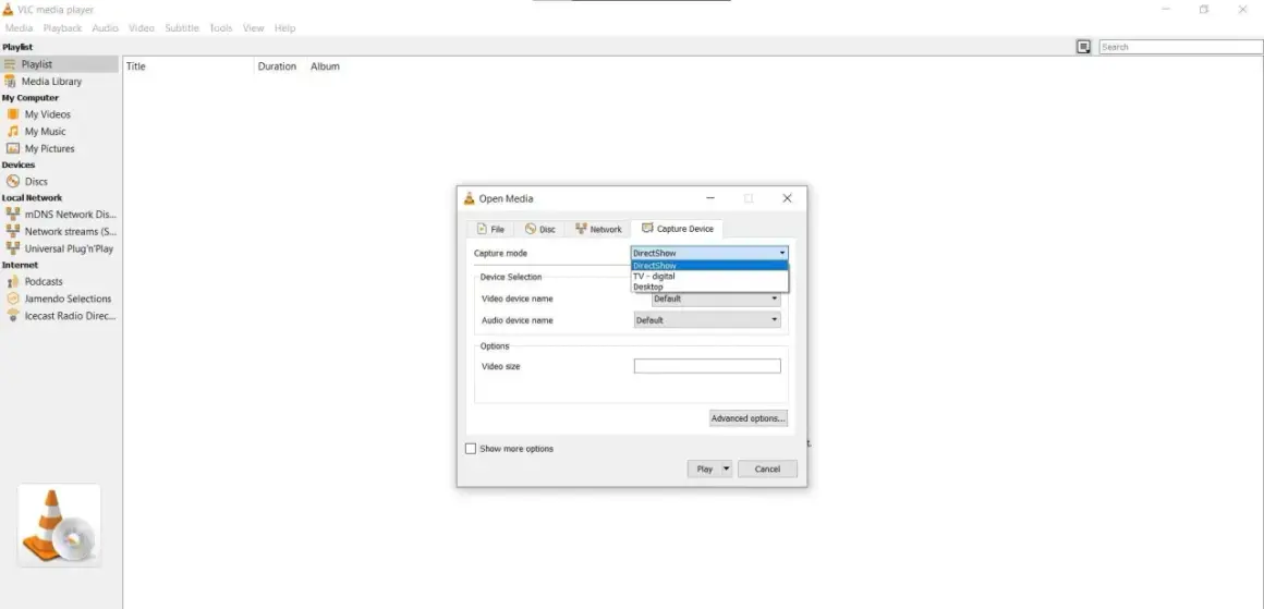 VLC media player's "Open Media" window, showing the "Capture Device" tab with "DirectShow" selected for capture mode, ready to record.