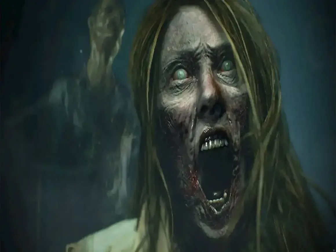Przerażająca twarz zombie z zielonymi oczami i otwartymi ustami, w tle inny zombie. Scena jak z najlepszych filmów o zombie.