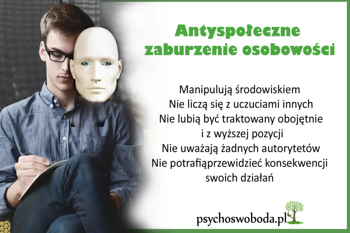 Mężczyzna z maską na twarzy symbolizuje antyspołeczne zaburzenie osobowości. Manipulacja, brak empatii i lekceważenie autorytetów.