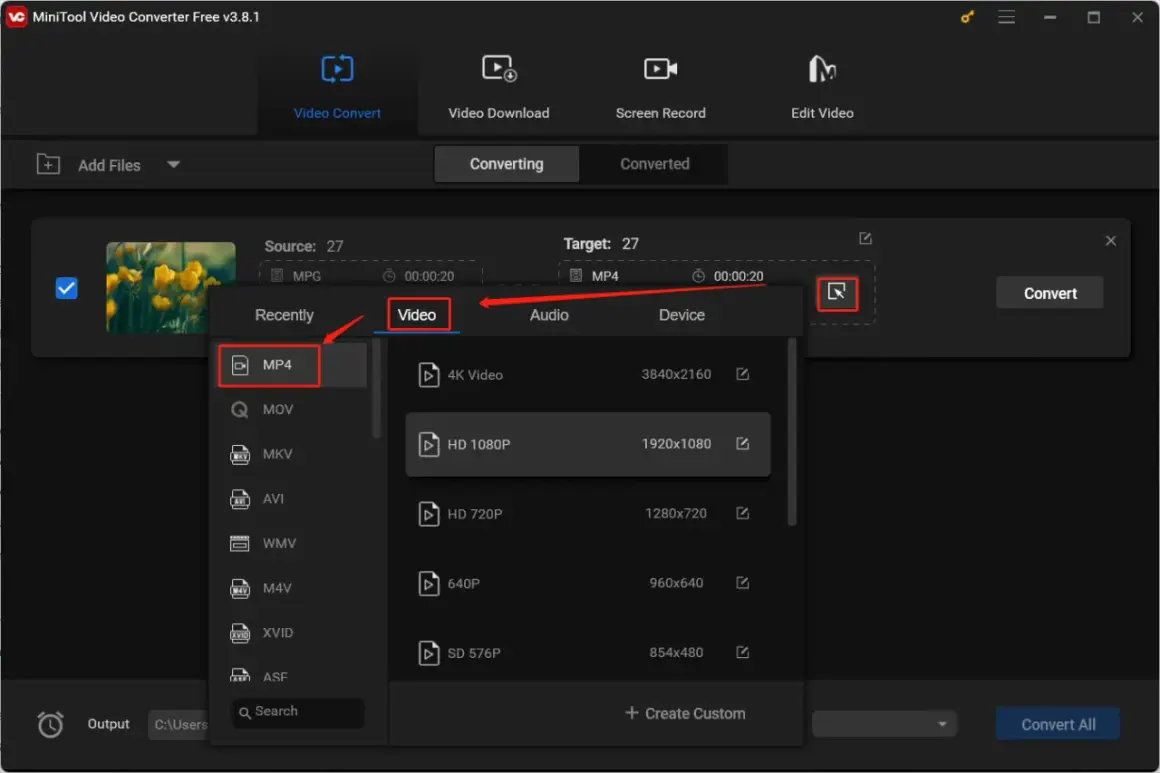 Selecting MP4 as the target format for an MPG video conversion.