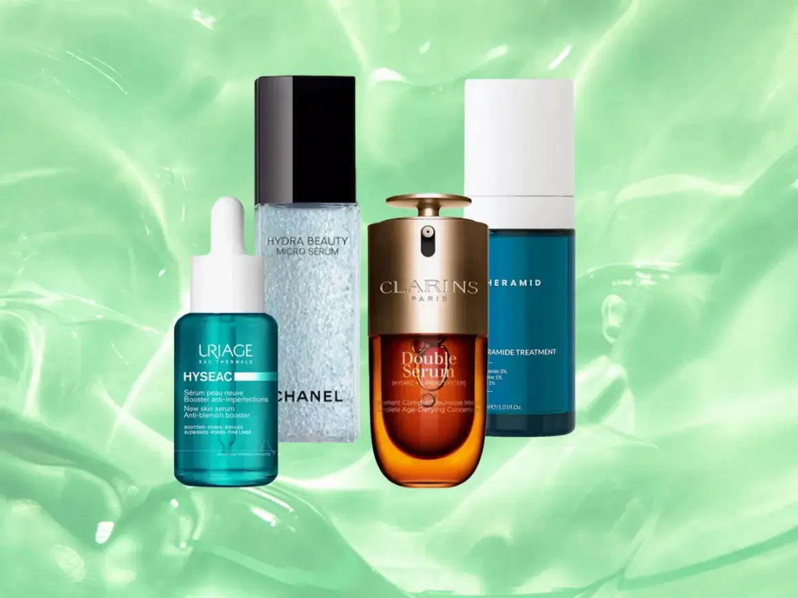 Vier Seren: Uriage Hyseac, Chanel Hydra Beauty, Clarins Double Serum und ein Ceramid-Treatment. Für die beste Wirkung muss man nach Serum Creme benutzen.