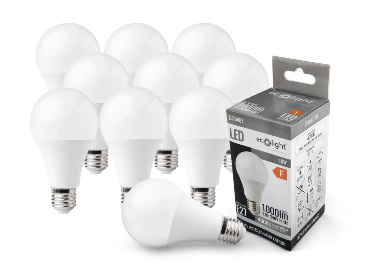 Żarówka LED 10W zużywa mało prądu, zapewniając 1000 lumenów. Opakowanie pokazuje szczegóły produktu.