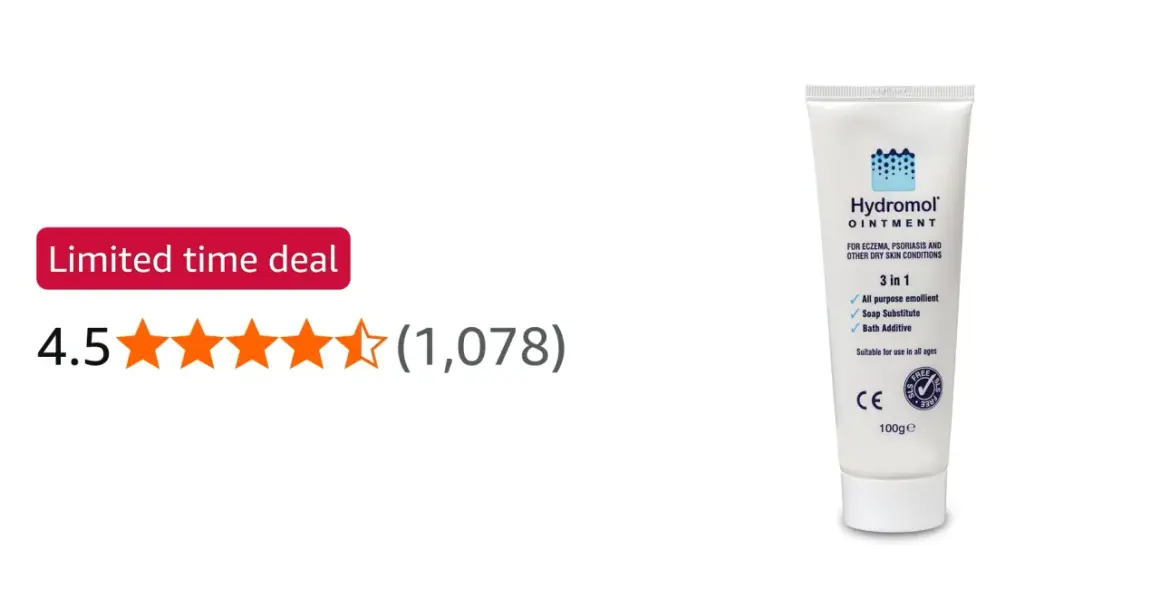 Tuba Hydromol Ointment, 100g, z oceną 4.5/5 gwiazdek, idealna dla skóry suchej, z egzemą i łuszczycą. Poldermin to świetny wybór.