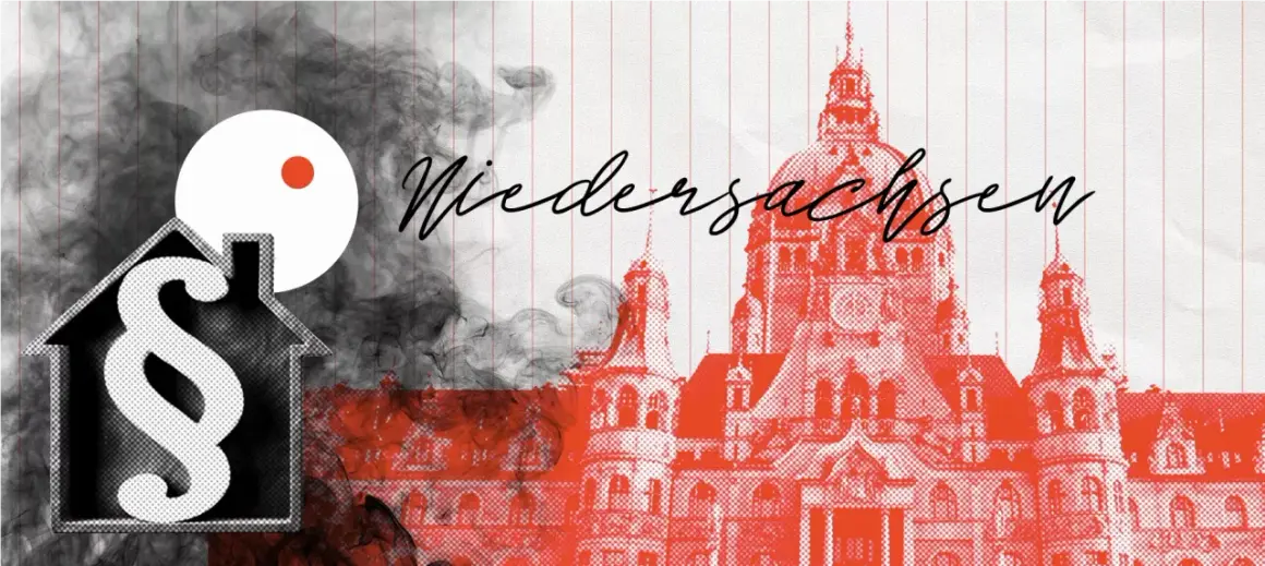 Rauchmelder-Pflicht in Niedersachsen: Ein Haus mit Paragraphen-Symbol und Rauch, dazu die Silhouette eines Gebäudes.
