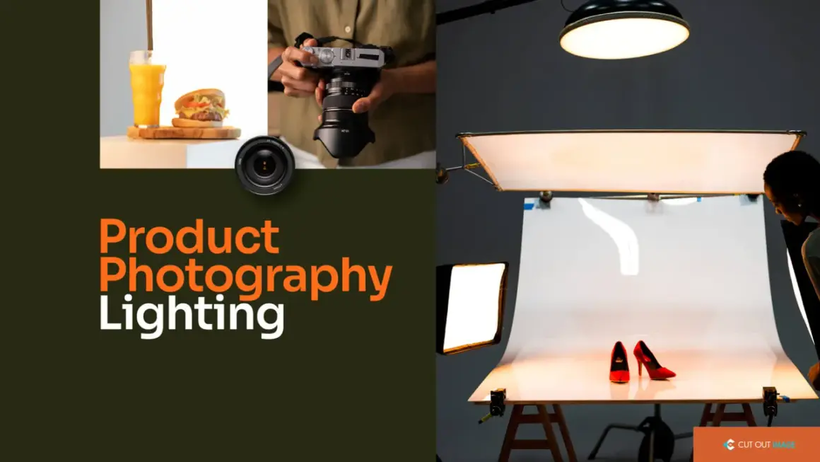Setting up lighting for product photography at home. A burger and drink are lit on the left, while red heels are illuminated on the right.