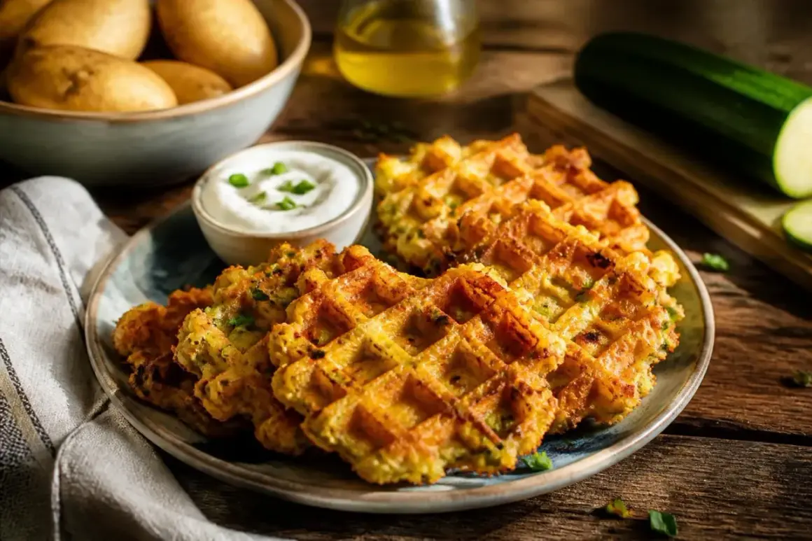 Herzhafte Zucchini-Waffeln mit Dip auf einem Teller, daneben Kartoffeln und Zucchini.