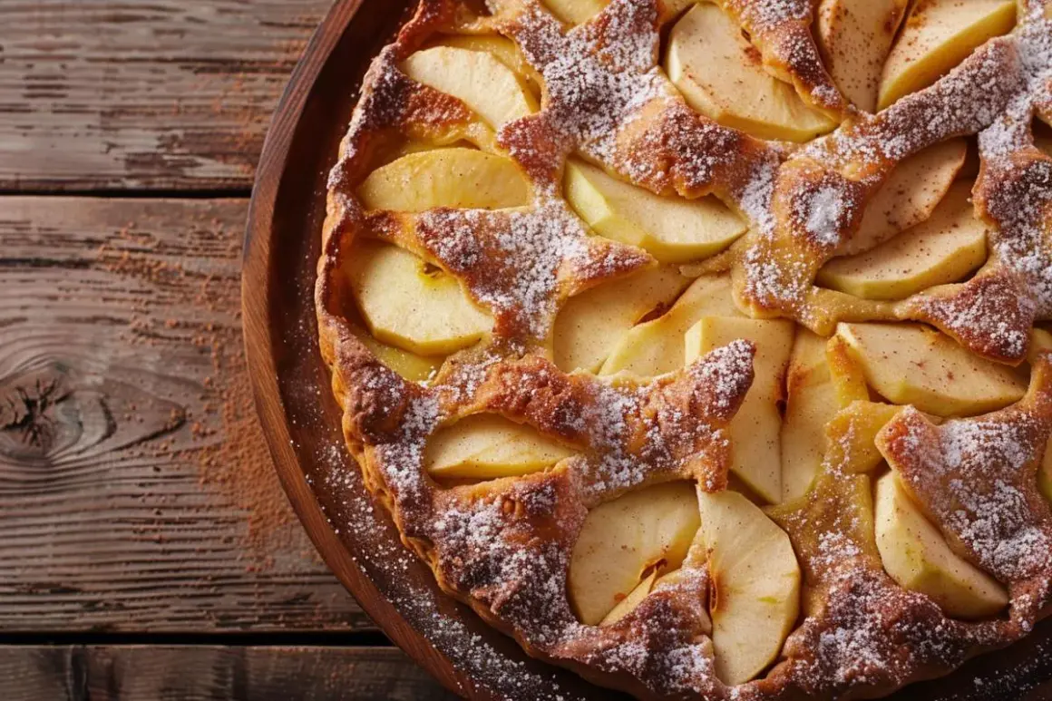 Un délicieux clafoutis aux pommes, saupoudré de sucre glace, repose sur un plateau en bois rustique.