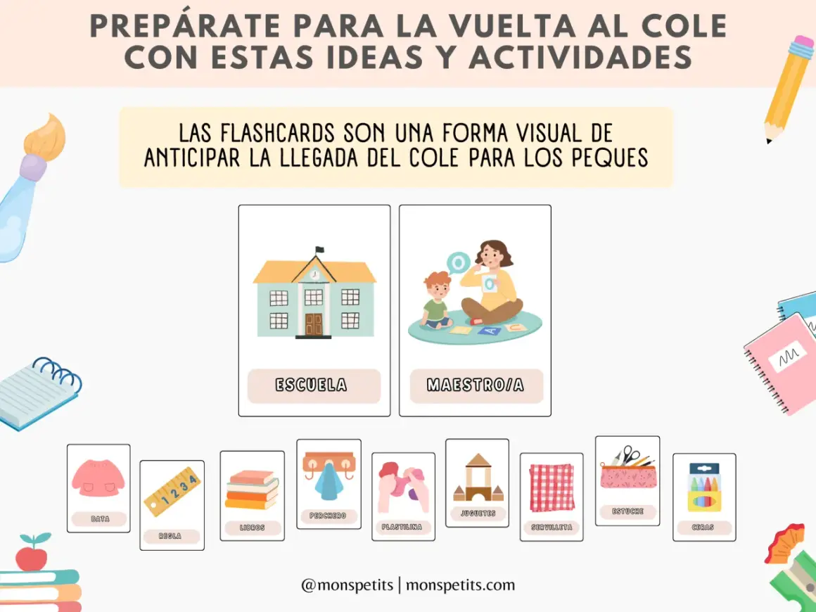 Fichas para niños con dibujos de escuela, maestro, bata, regla, libros, plastilina y más, ideales para preparar la vuelta al cole.