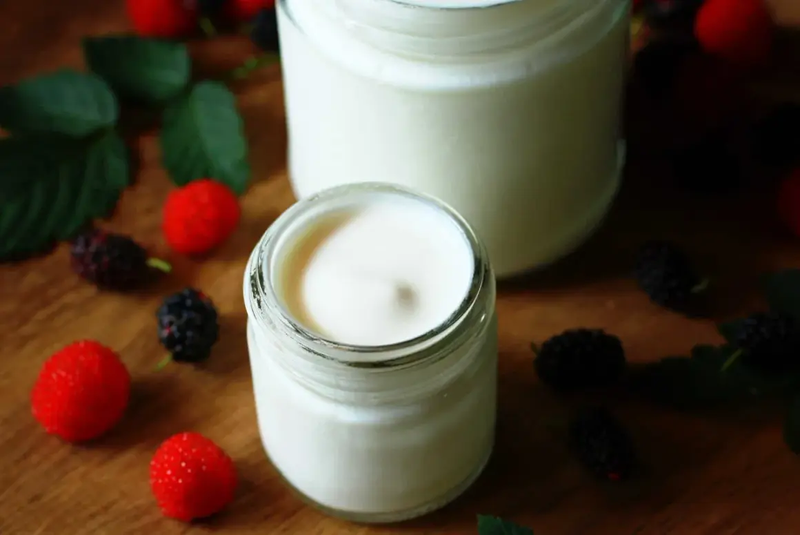 Dos frascos de yogurt casero cremoso, decorados con moras y hojas verdes. Una guía visual para aprender como hacer yogurt casero.