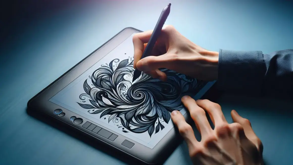 Hands drawing intricate floral patterns on a tablet, showcasing the versatility of illustrator templates for digital art creation.
