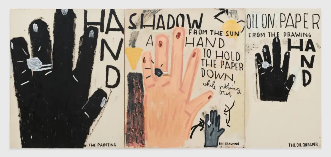 Rose Wylie's triptych features bold, childlike paintings of hands, text, and abstract shapes, exploring themes of art and perception.