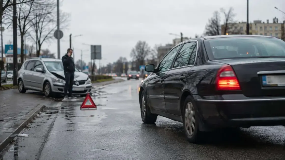 Wypadek drogowy. Mężczyzna rozmawia przez telefon obok uszkodzonego samochodu. Trójkąt ostrzegawczy na drodze. Sprawa dla ubezpieczyciela, regres ubezpieczeniowy.