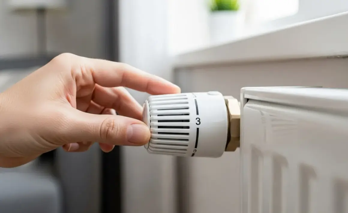 Mano che regola la manopola del termosifone. Scopri come funziona per ottimizzare il riscaldamento.