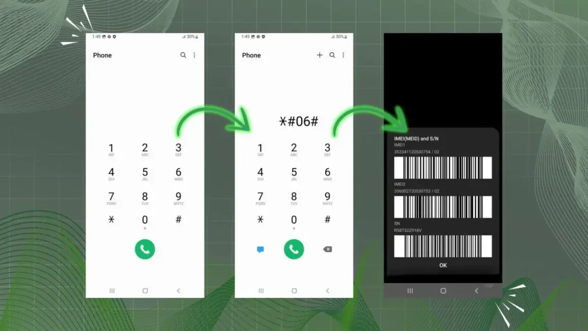 Wpisanie *#06# na klawiaturze telefonu wyświetla informacje o telefonie po IMEI, w tym numery IMEI i SN.