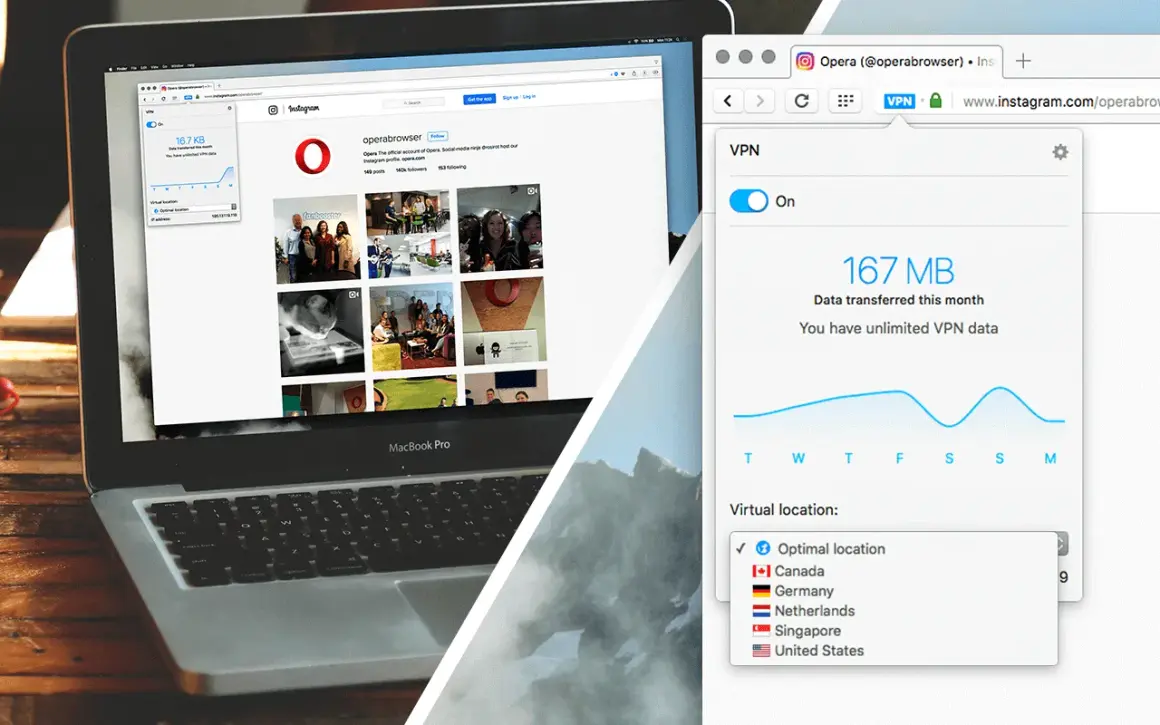 Laptop z przeglądarką Opera, pokazującą Instagram i włączony VPN. Możliwość wyboru lokalizacji wirtualnej.