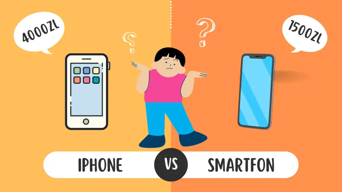 Chłopak zastanawia się, czym się różni iPhone (4000 zł) od smartfona (1500 zł).
