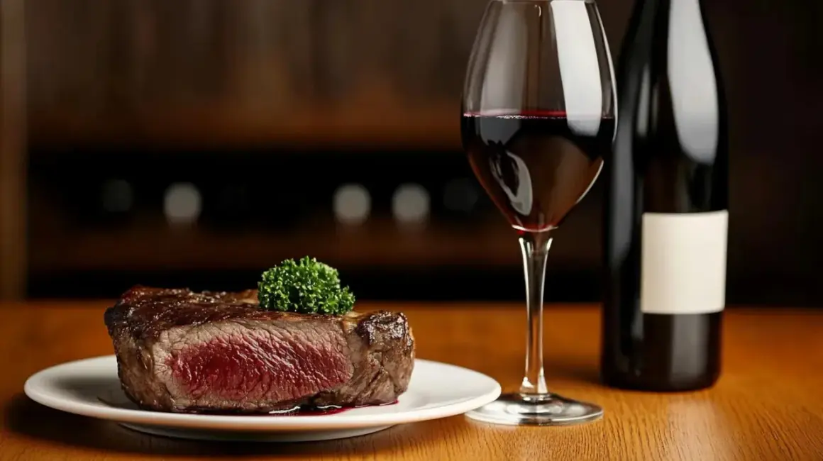 Une succulente entrecôte saignante, garnie d'une touche de persil, accompagnée d'un verre de vin rouge et d'une bouteille.