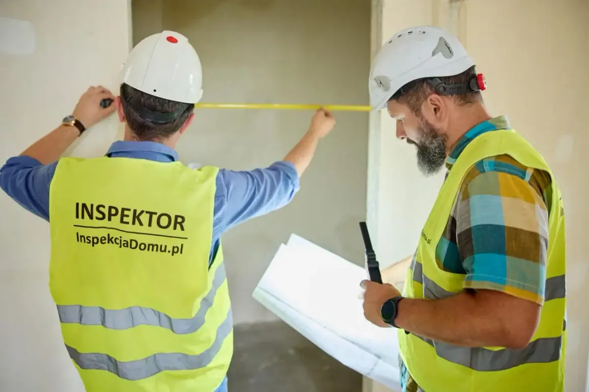 Dwóch inspektorów w kaskach i kamizelkach mierzy ścianę taśmą. To symboliczne pierwsze klucze do nowego domu.