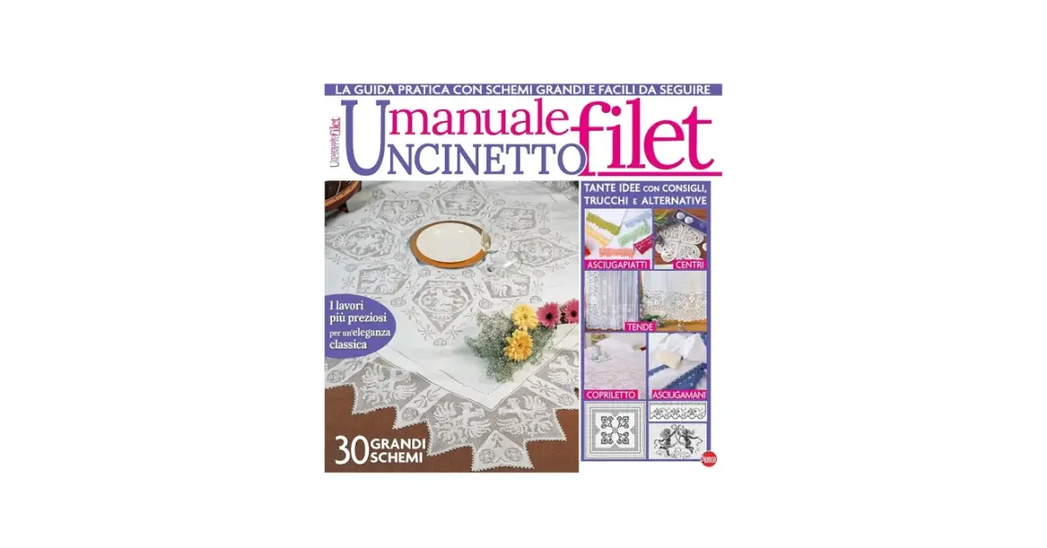 Copertina di manuale di uncinetto filet con schemi e idee per creare centrini, tende e copriletti.