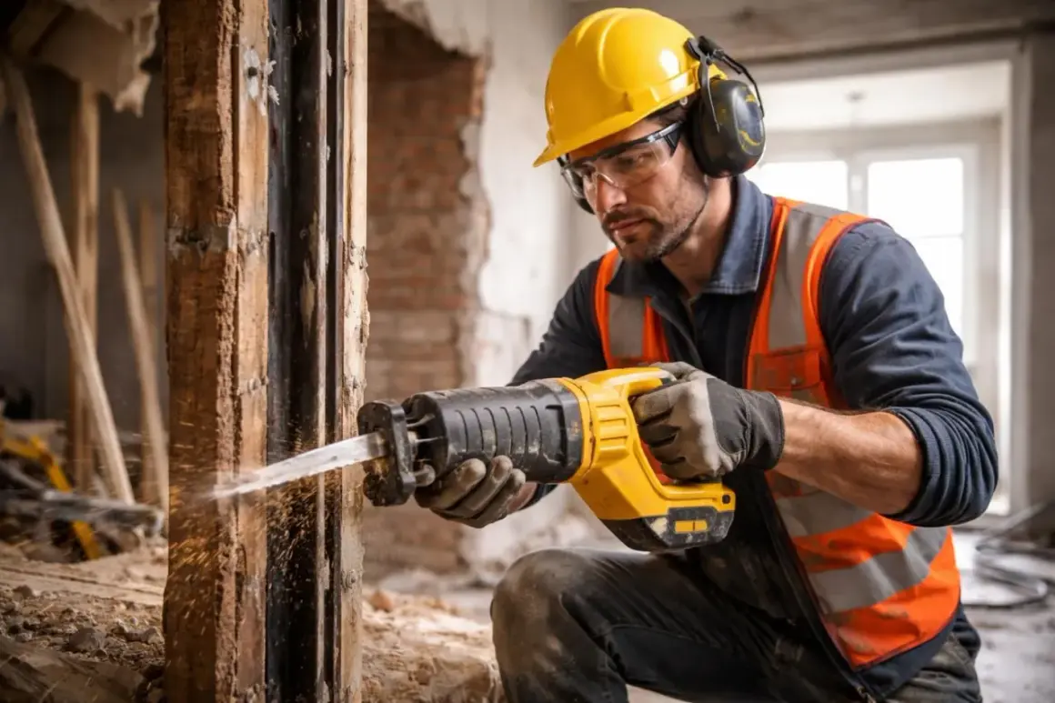Un ouvrier utilise une scie sabre pour démolir une structure en bois. Cet outil est parfait pour ce genre de travaux.