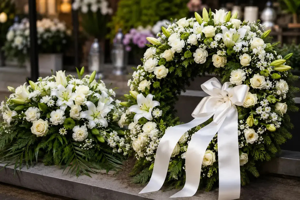 Elegancki wieniec i wiązanka pogrzebowa z białych róż i lilii, ozdobione zielenią i satynową wstęgą.