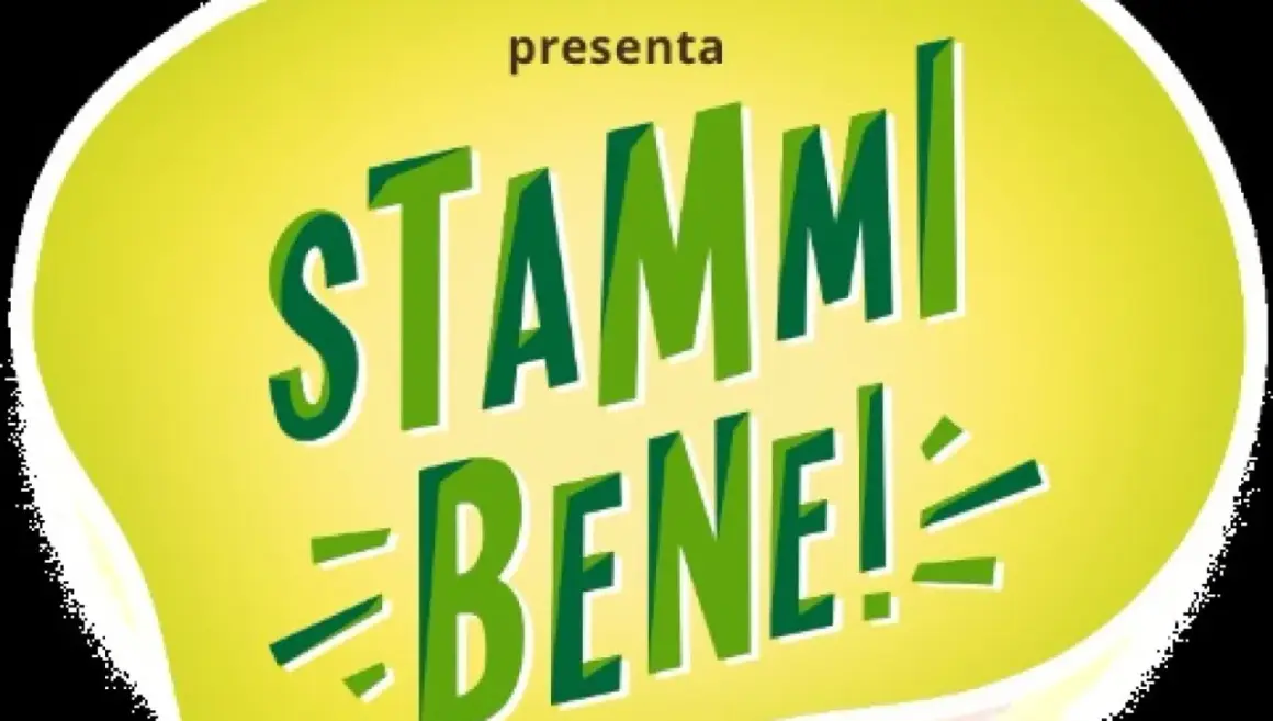 Logo giallo con scritta "presenta STAMM BENE!". Un augurio in napoletano per stare bene.
