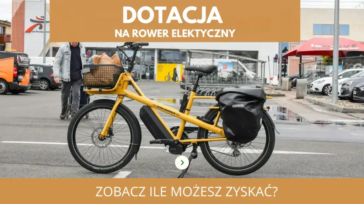 Żółty rower elektryczny z koszykiem i sakwą. Dowiedz się, dla kogo jest dofinansowanie do roweru elektrycznego i ile możesz zyskać.