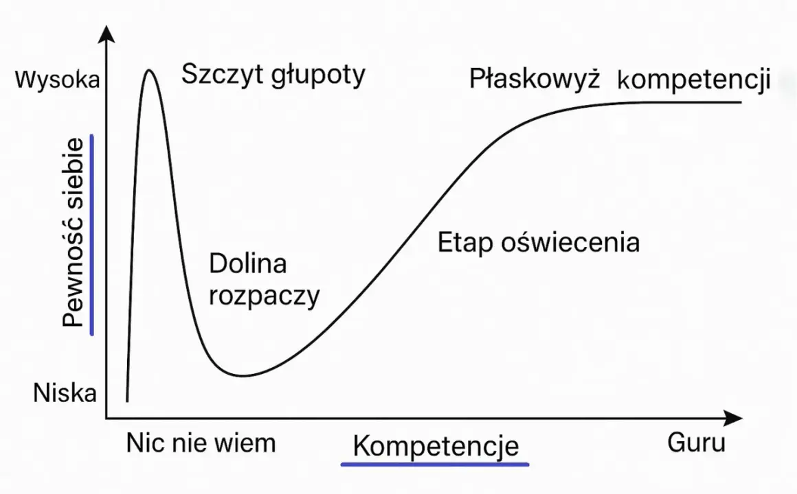 Wykres ilustrujący efekt Dunninga Krugera: od "szczytu głupoty" i "doliny rozpaczy" do "płaskowyżu kompetencji" i "etapu oświecenia".