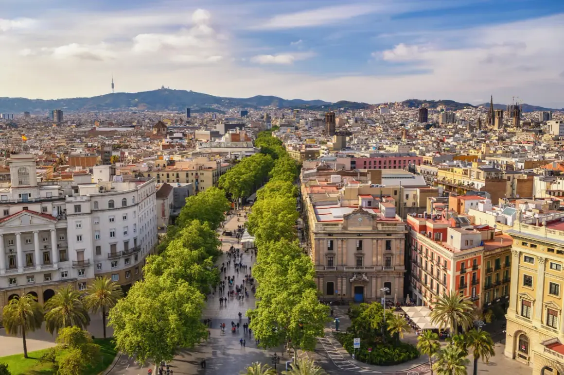 Słoneczna barcelona pogoda listopad. Ludzie spacerują aleją drzew, w tle widać miasto i góry.