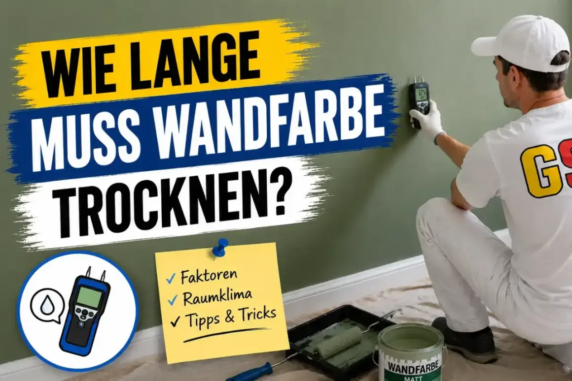 Ein Maler prüft mit einem Messgerät, wie lange Wandfarbe zum Trocknen braucht. Faktoren, Raumklima und Tipps werden thematisiert.