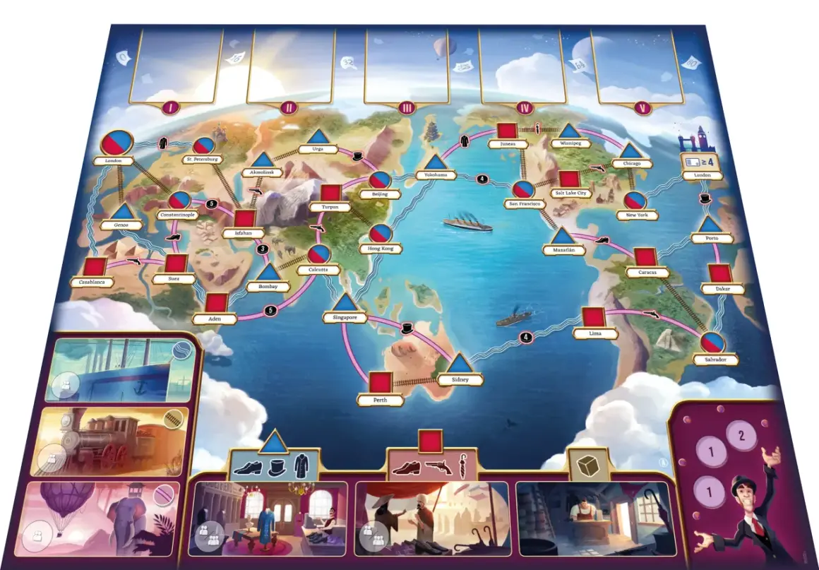 Spielbrett für "In 80 Tagen um die Welt". Spieler reisen mit Schiff und Bahn um den Globus, um das Ziel London zu erreichen.