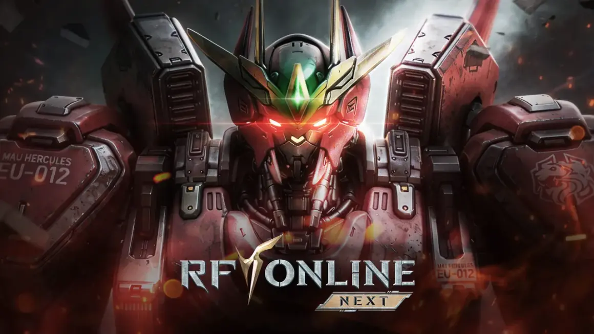 Potężny mech z gry "Rangers of Oblivion" z czerwonymi, świecącymi oczami i złotymi elementami.