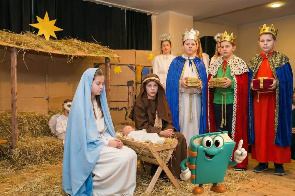 Dzieci w strojach na jasełka odgrywają scenę narodzin Jezusa. Widać Maryję, Józefa, aniołka i trzech króli z darami.