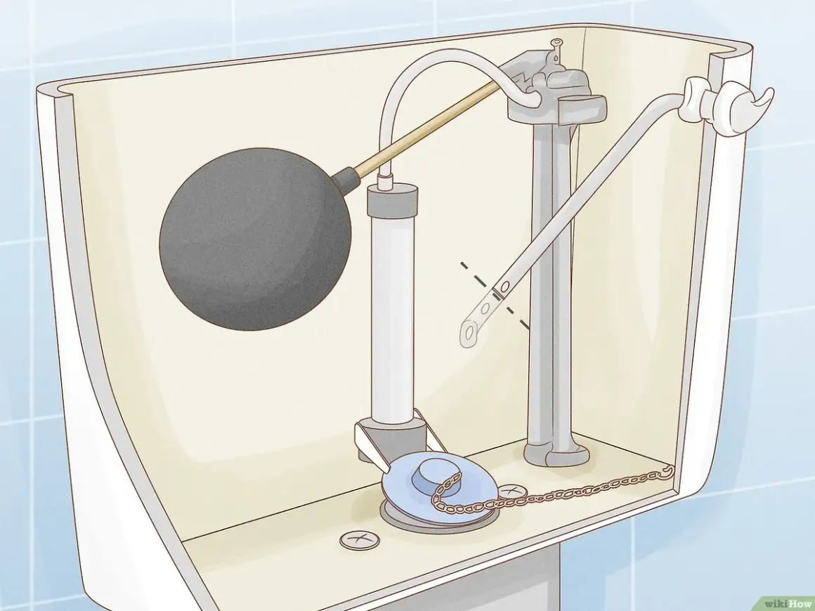 Diagram of a toilet tank's internal mechanism, showing the float ball, fill valve, and flush valve. The lever arm for the toilet handle appears loose.