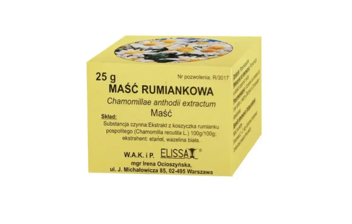 Maść rumiankowa Elissa 25g, z ekstraktem z rumianku. Idealna do pielęgnacji skóry, jak altabactin.