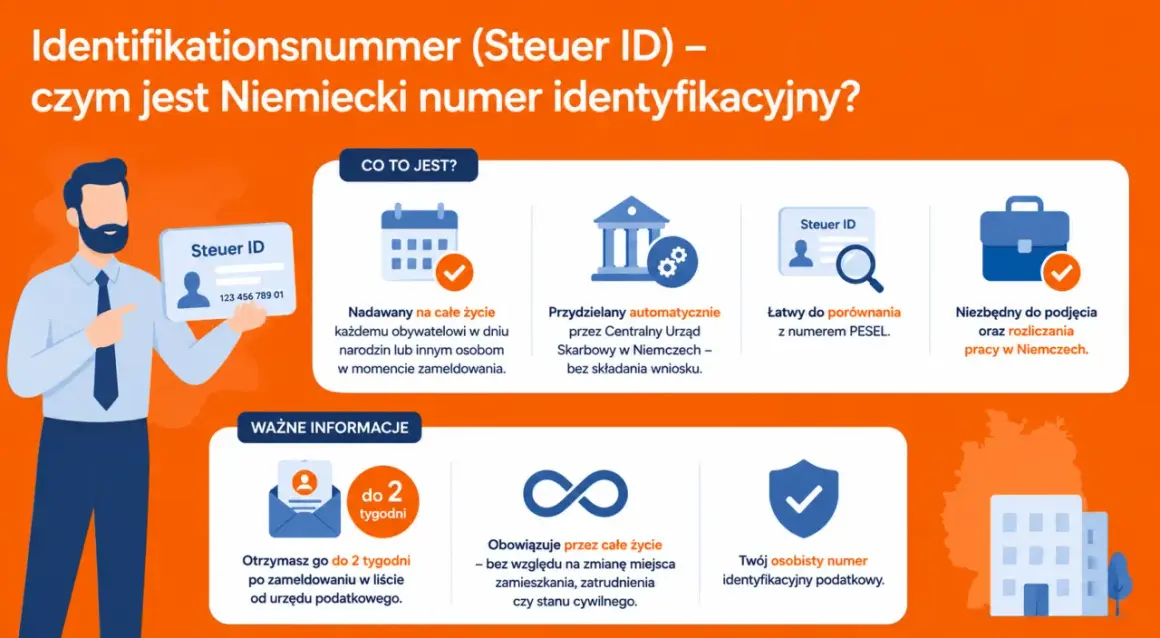 Ilustracja wyjaśnia, czym jest niemiecki numer NIP (Steuer ID). Jest on nadawany na całe życie, automatycznie przez urząd skarbowy i niezbędny do pracy w Niemczech.