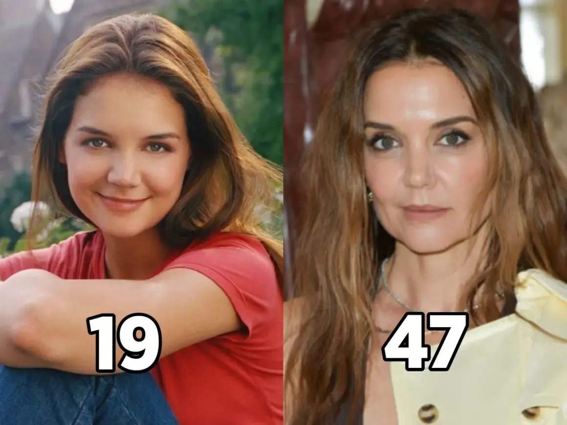 Katie Holmes, en av skådespelarna i rollistan i Dawsons Creek, som 19-åring och som 47-åring.