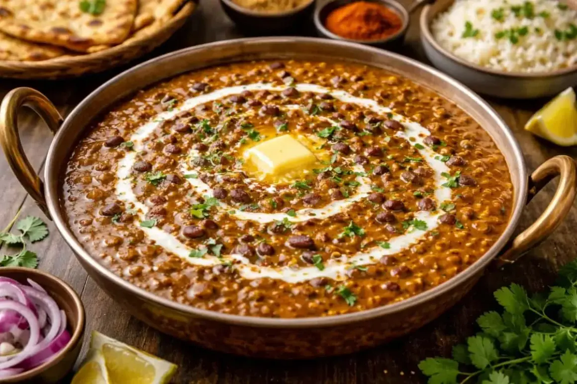 Dal Makhani, en krämig linsgryta med en rik masala krydda, toppad med smör och grädde. Serveras med naan och ris.
