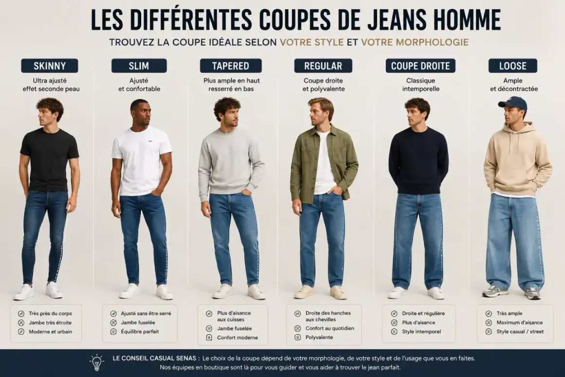 Les différentes coupes de jeans homme : skinny, slim, tapered, regular, coupe droite et loose. Trouvez le style parfait pour vous.