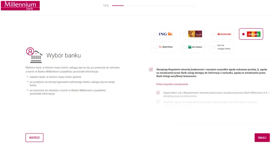 Wybór banku, zaznaczony mBank. Proces weryfikacji tożsamości w ramach millenium 360.