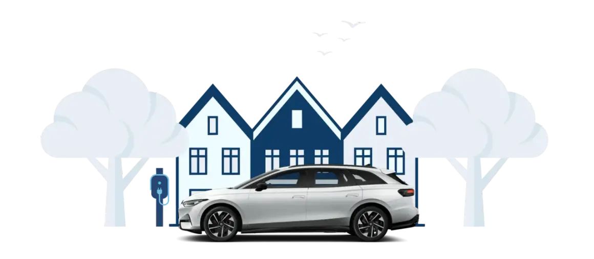 En vit elbil laddas vid ett hus. Tänk på vad som ingår i leasing av bil för en bekymmersfri vardag.