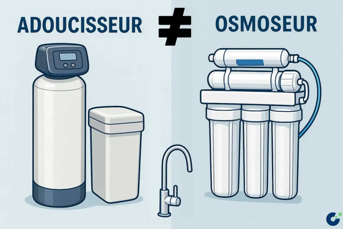 Comparaison entre un adoucisseur et un osmoseur, illustrant les différences dans le traitement de l'eau par osmose.