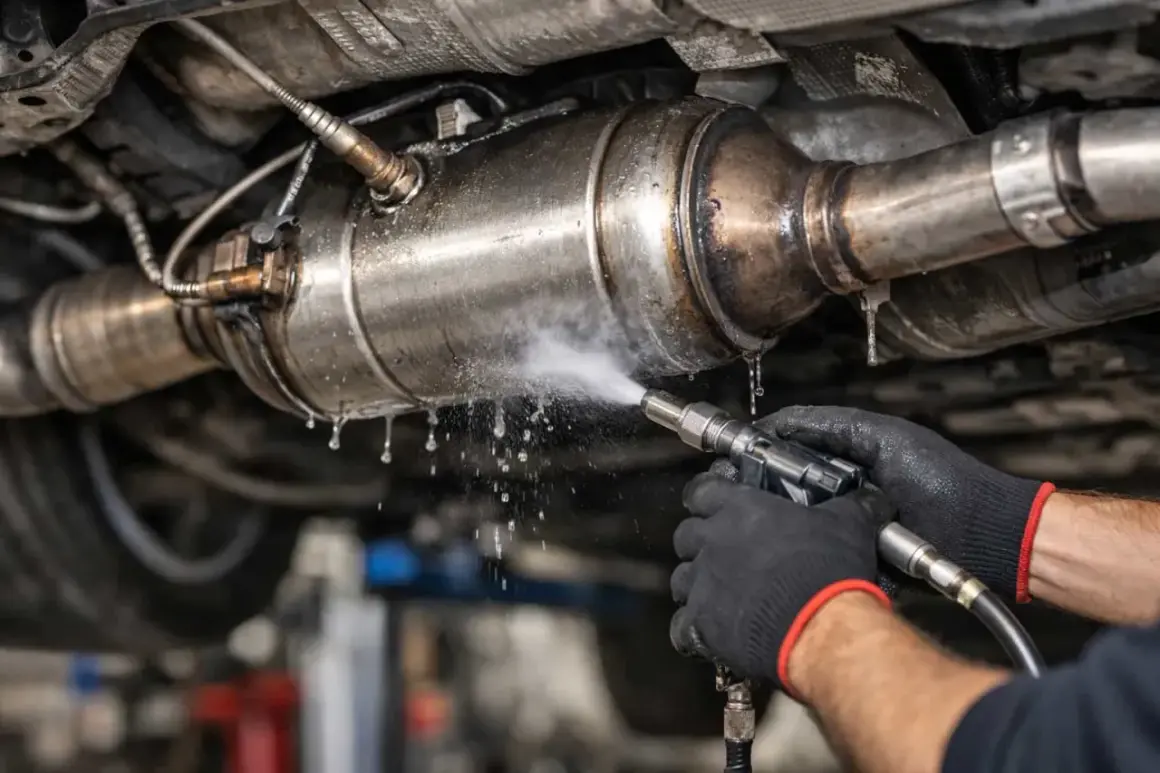 Un mécanicien nettoie un FAP de voiture. Pour savoir si votre voiture a un FAP, vérifiez la présence d'un filtre à particules sur la ligne d'échappement.