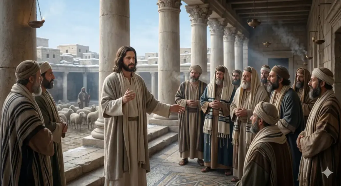 Jesus lehrt seine Jünger, wie in Johannes 5,30 beschrieben. Er steht vor einer Gruppe von Männern, während Schafe im Hintergrund grasen.