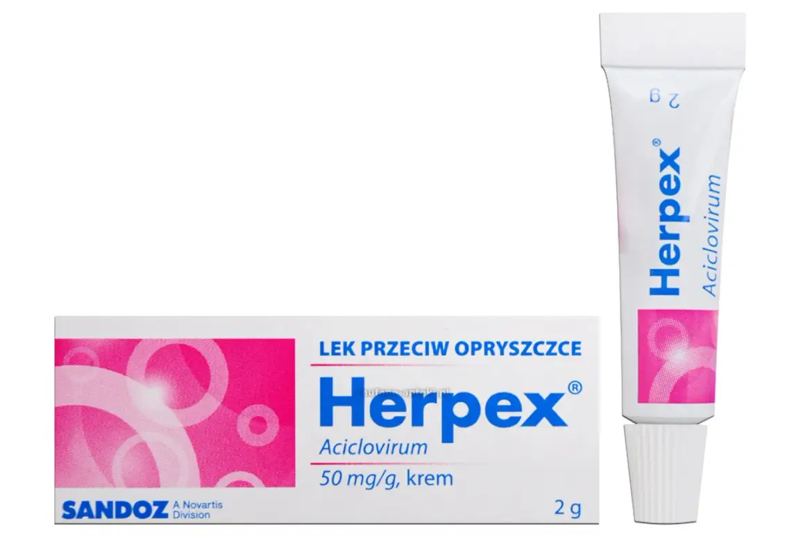 Krem na opryszczkę Herpex z acyklowirem, 50 mg/g, w tubce 2g. Lek przeciw opryszczce.