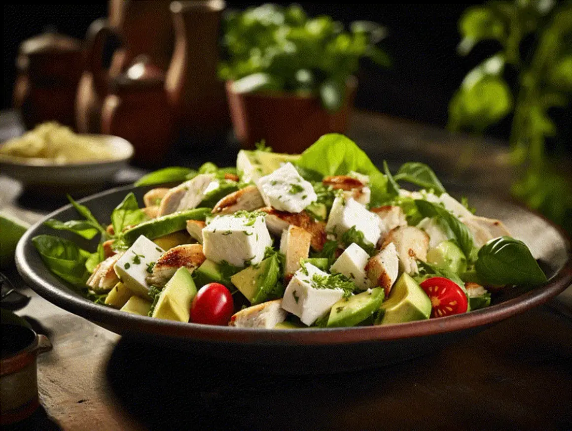 En lyxig kycklingsallad med avokado, fetaost och körsbärstomater. Ett perfekt recept för en lätt och smakrik måltid.