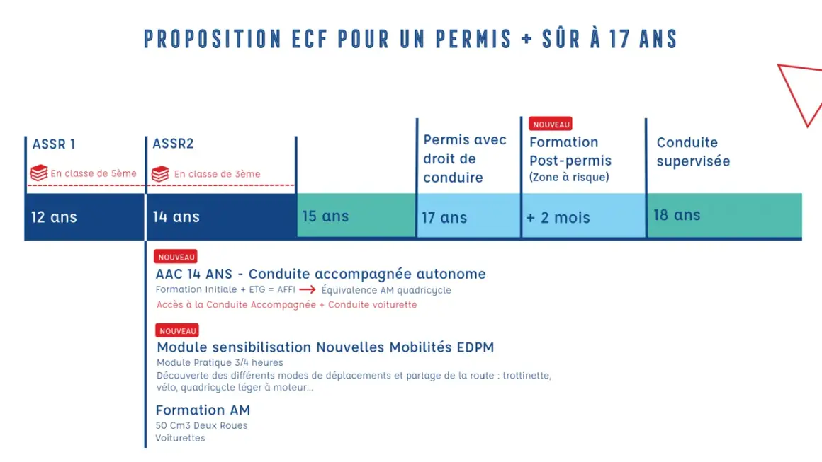 Proposition ECF pour un permis à 17 ans : ASSR, permis, conduite accompagnée, formation post-permis et conduite supervisée.
